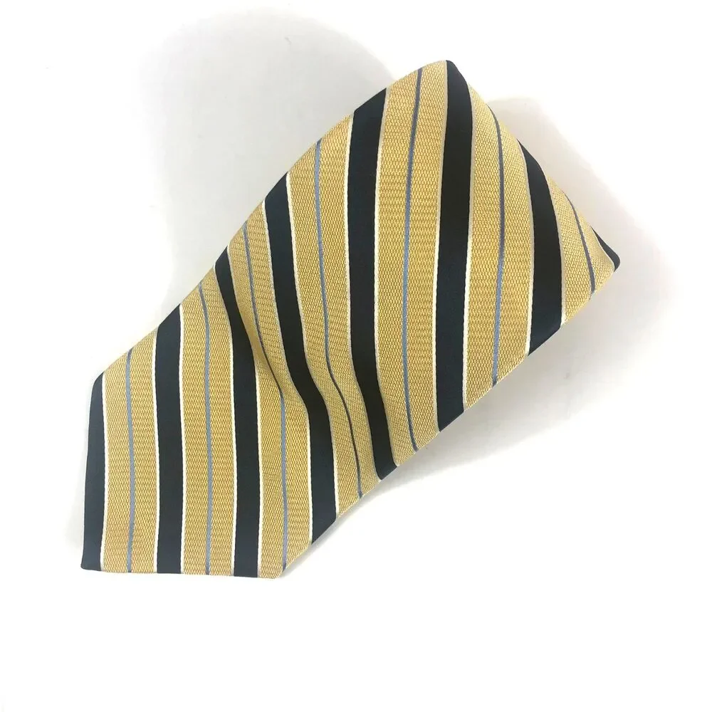 Tommy Hilfiger Vintage 100% Silk Tie Gold & Navy Blue Stripe Made in USA